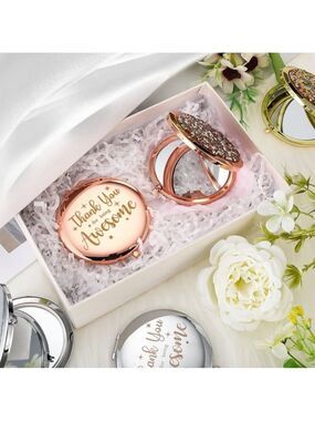 Box of 6 Rose Gold Compact Mirror “Thank You For Being Awesome” with rhinestones
